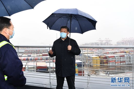 3月29日，中共中央总书记、国家主席、中央军委主席习近平在浙江考察调研。这是习近平在宁波舟山港穿山港区码头了解港口复工复产情况。