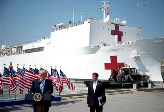 美军两艘医疗舰抵达纽约。