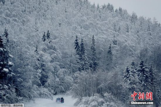 瑞典森兹瓦尔迎来降雪，一辆汽车在冰雪覆盖的道路上行驶。